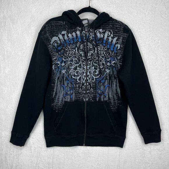 MMA Elite Y2K Full Zip Hoodie Black Blue Spellout Med Graphic Cyber Grunge Skate - Picture 1 of 13